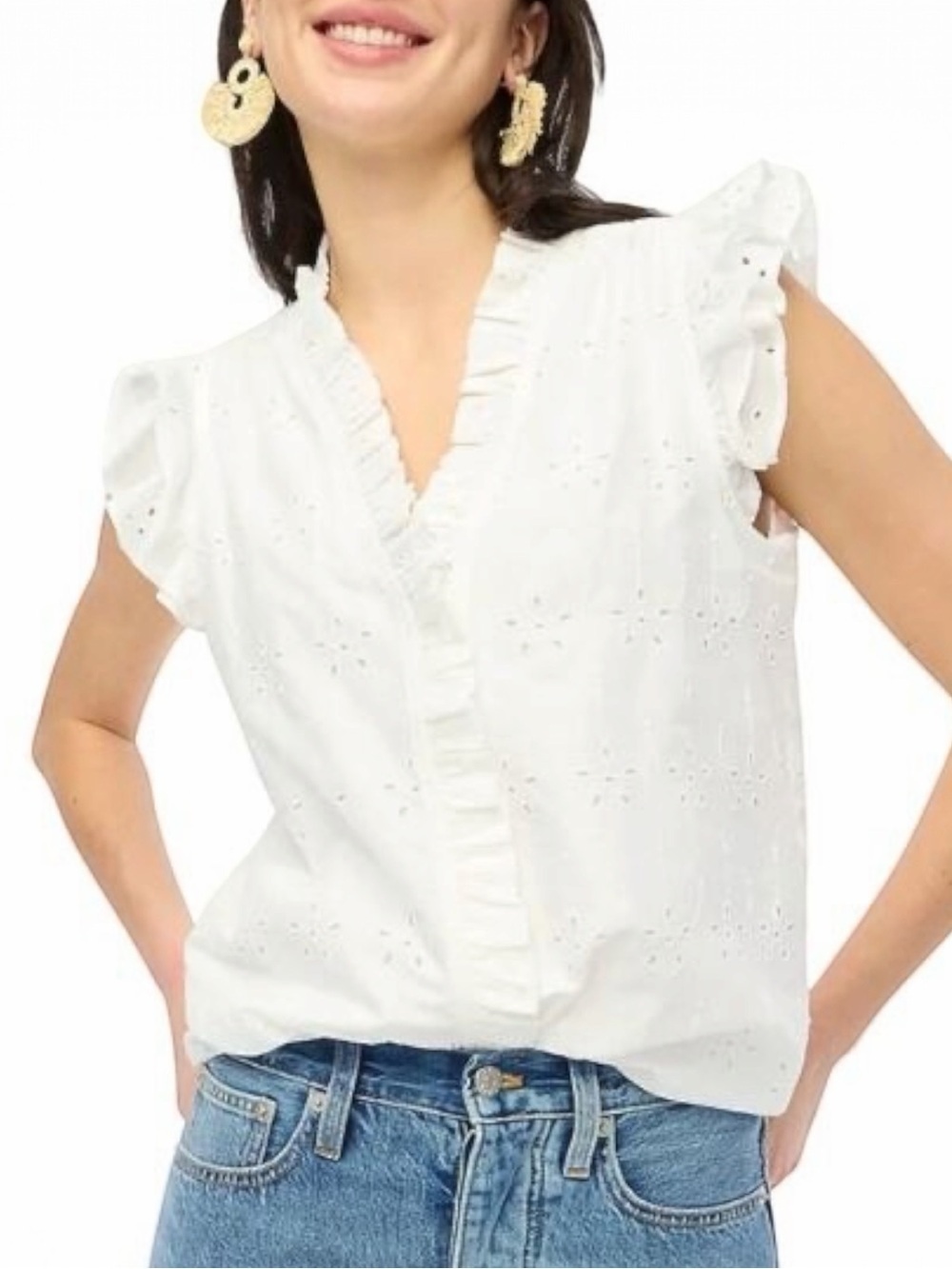 NEW J. Crew Flower Eyelet Tiered Ruffle Cap-Sleeve White Blouse Women’s XXS